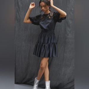 Delphi Collective Anthropologie Black Lace Sleeves Tiered Mini Dress